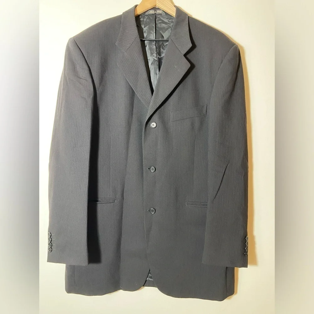 Sergio Valentino Black 3 Button 100% Wool 52 6 L Blazer Jacket Super 100’s